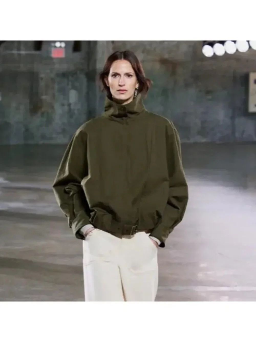Zara ZW Womens Bomber Jacket M Olive Green Belted High Collar 2951/471 NWT